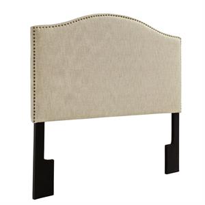 Camelback Nailhead Trim Queen Fabric Upholstered Panel Headboard in Linen Beige