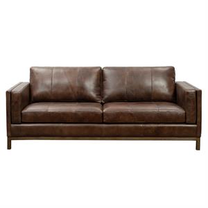 home fare drake leather sofa with wooden base in brown