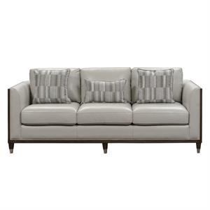 home fare addison leather sofa with wooden base in frost grey