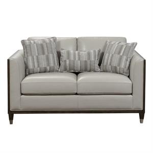 home fare addison leather loveseat with wooden base in frost grey