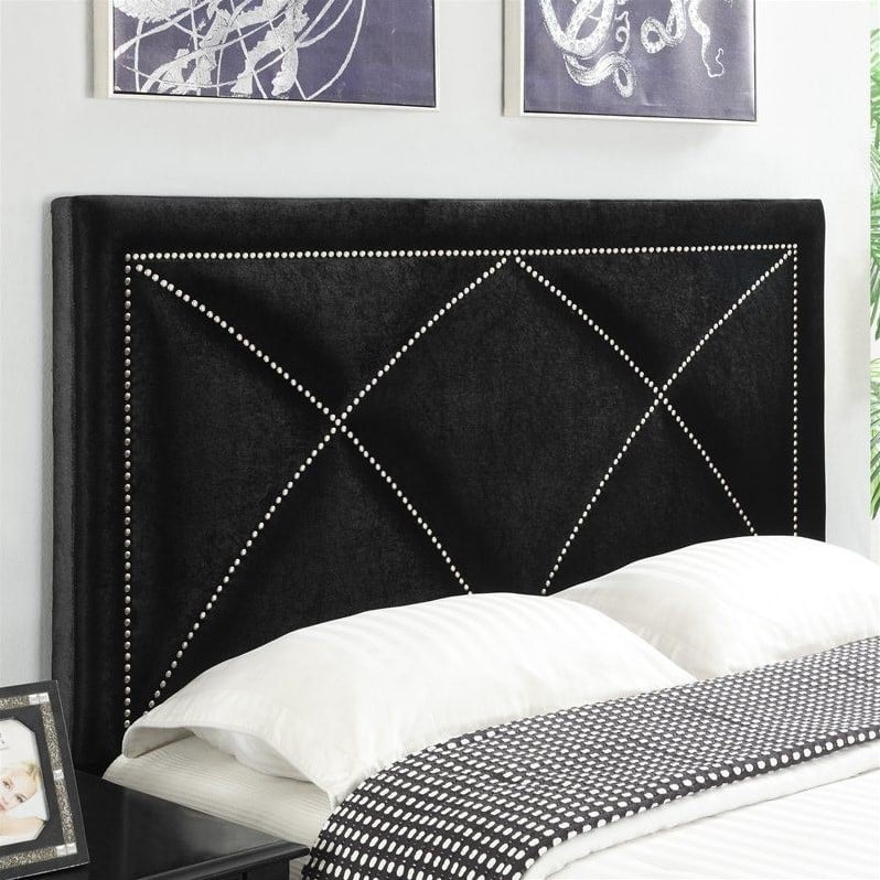 PRI Velvet Upholstered X Nailhead Headboard in Black DS25332X0208