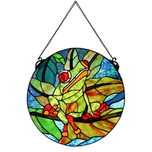 Dale Tiffany Savin Frog Art Glass Suncatcher in Green/Sky Blue