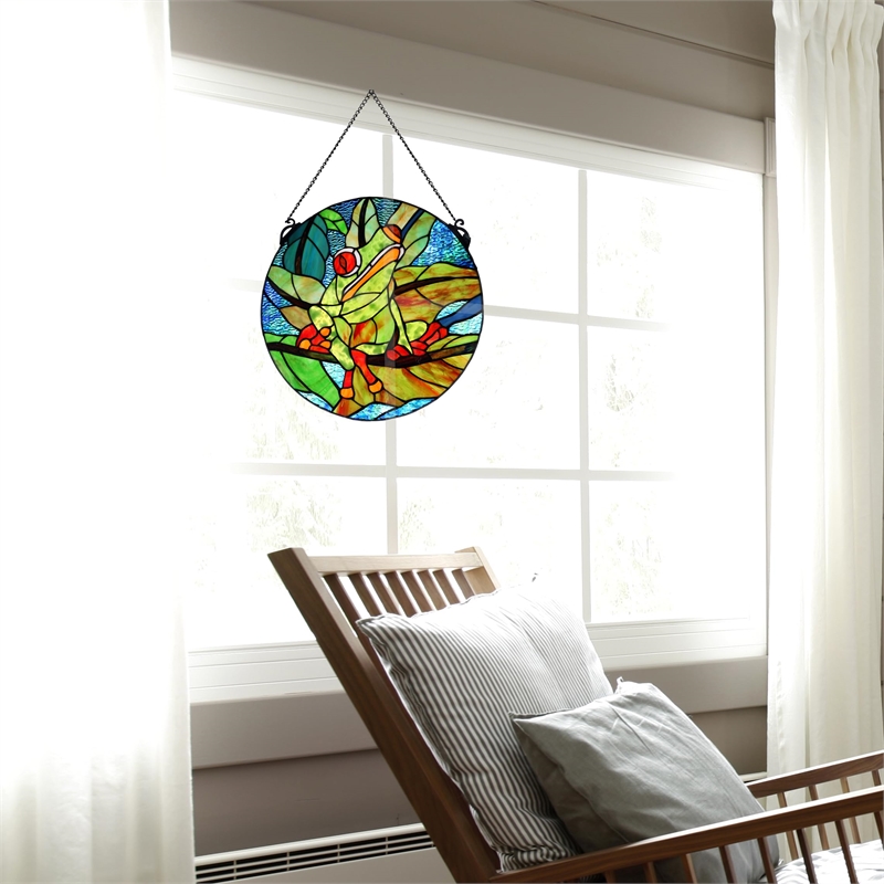 Dale Tiffany Savin Frog Art Glass Suncatcher in Green/Sky Blue