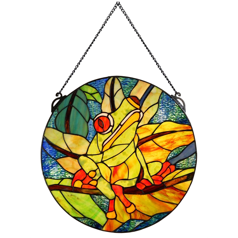 Dale Tiffany Savin Frog Art Glass Suncatcher in Green/Sky Blue