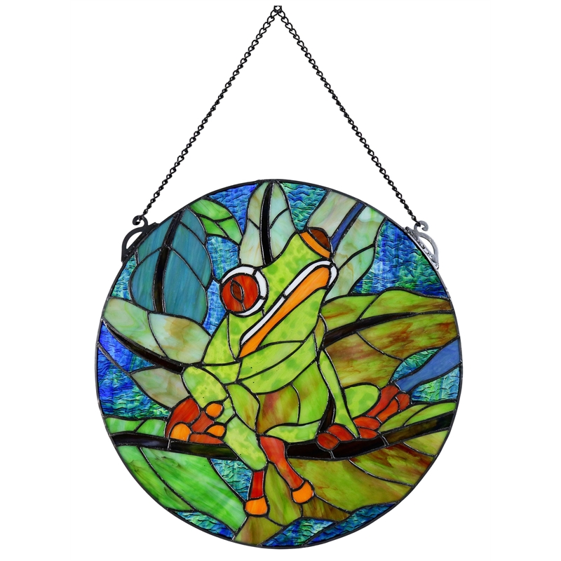 Dale Tiffany Savin Frog Art Glass Suncatcher in Green/Sky Blue