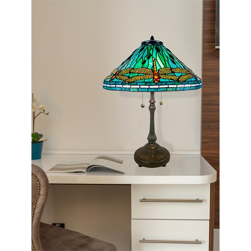 Dale Tiffany 2-Light Metal & Art Glass Table Lamp in Antique Bronze/Azure Blue