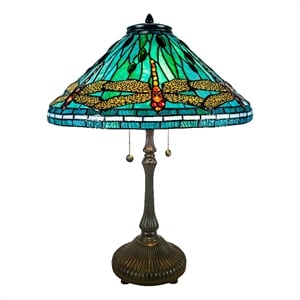dale tiffany 2-light metal & art glass table lamp in antique bronze/azure blue