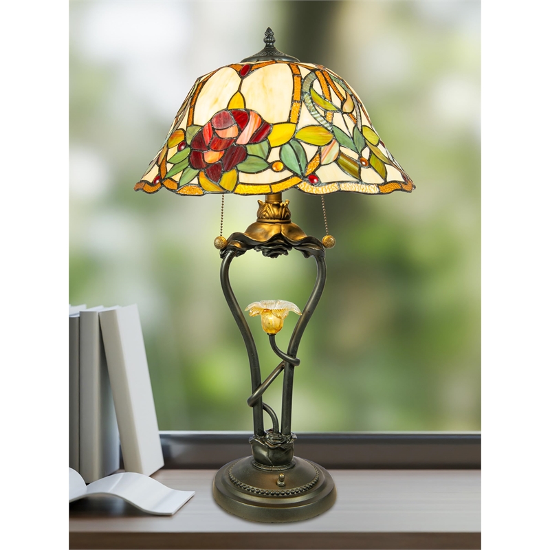 Dale Tiffany Floral 3-Light Metal & Art Glass Table Lamp in Bronze/Beige