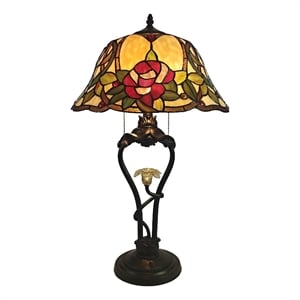 dale tiffany floral 3-light metal & art glass table lamp in bronze/beige