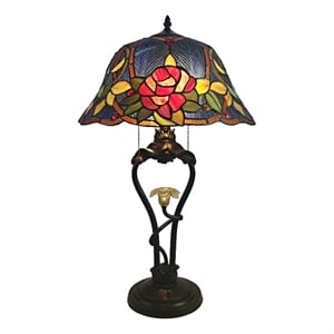 dale tiffany floral 3-light metal & art glass table lamp in bronze/blue