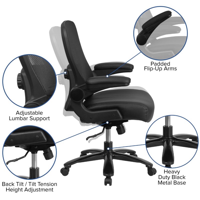 Flash Furniture Big and Tall Leather Swivel Office Chair in Black
