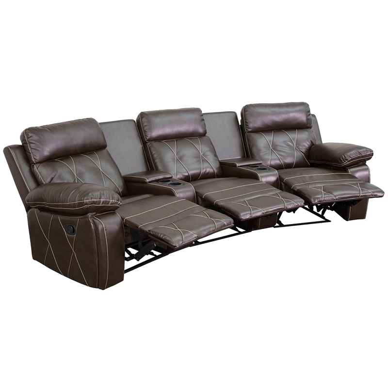 Flash Furniture 3 Seat Leather Reclining Home Theater Seating in Brown