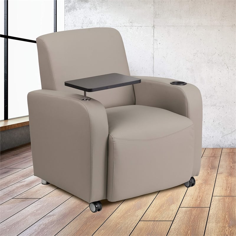 Flash Furniture Leather Guest Chair with Cup Holder in Gray