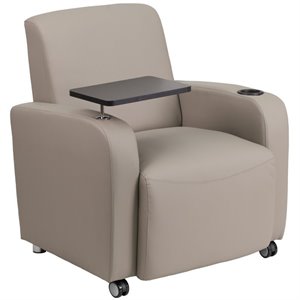 flash furniture leather guest chair with cup holder and tablet arm in gray and black