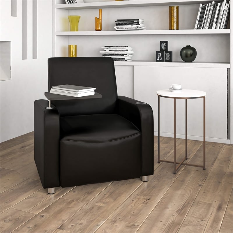 Flash Furniture Leather Guest Chair with Cup Holder in Black