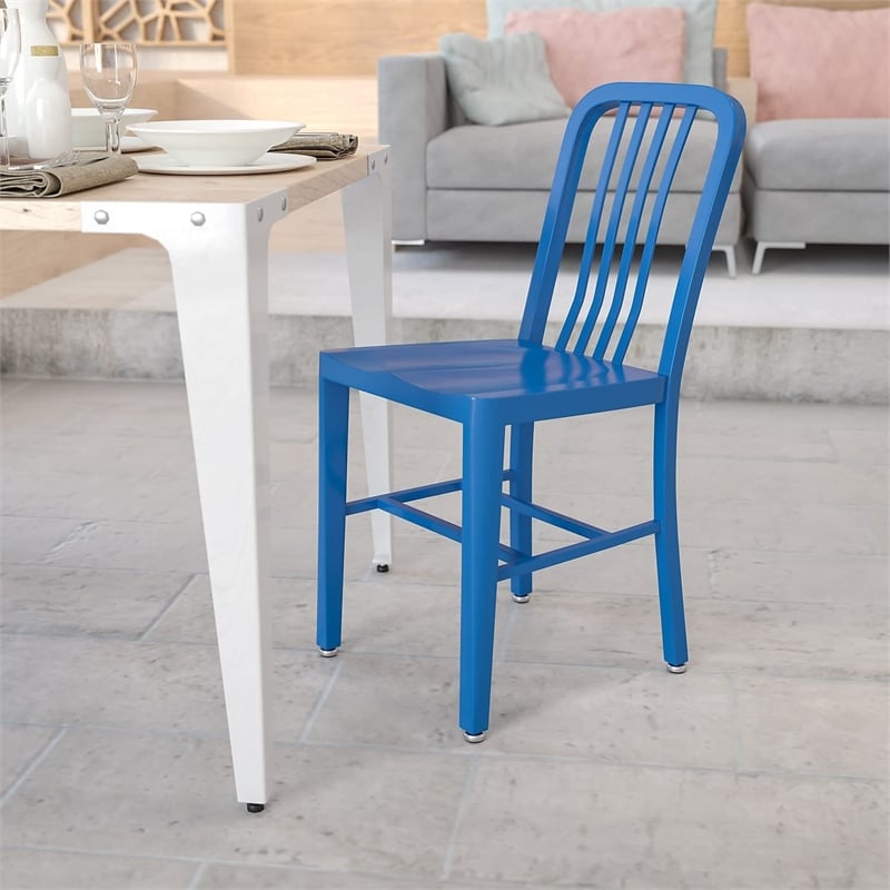 Flash Furniture Metal Vertical Slat Back Dining Side Chair in Blue