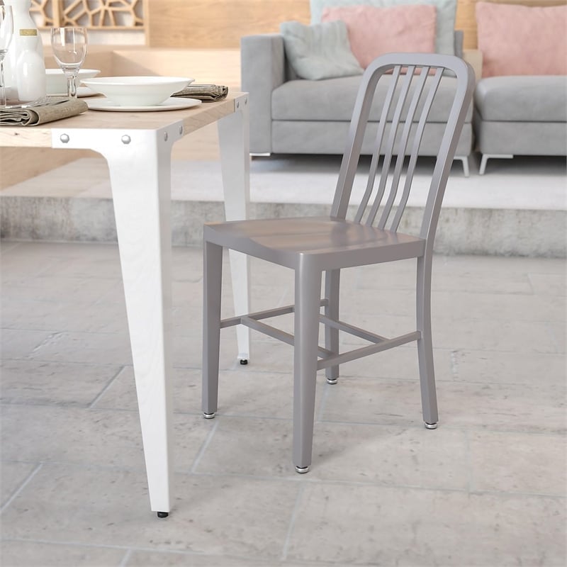 Flash Furniture Metal Vertical Slat Back Dining Side Chair in Silver