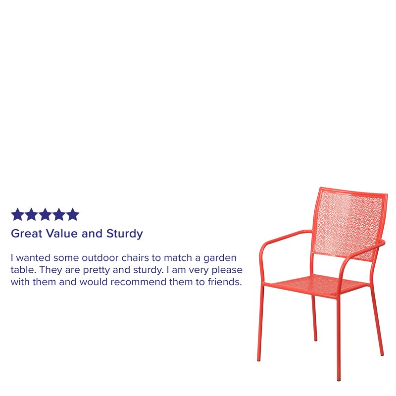 Flash Furniture Stackable Steel Square Back Patio Dining Side Chair in Coral