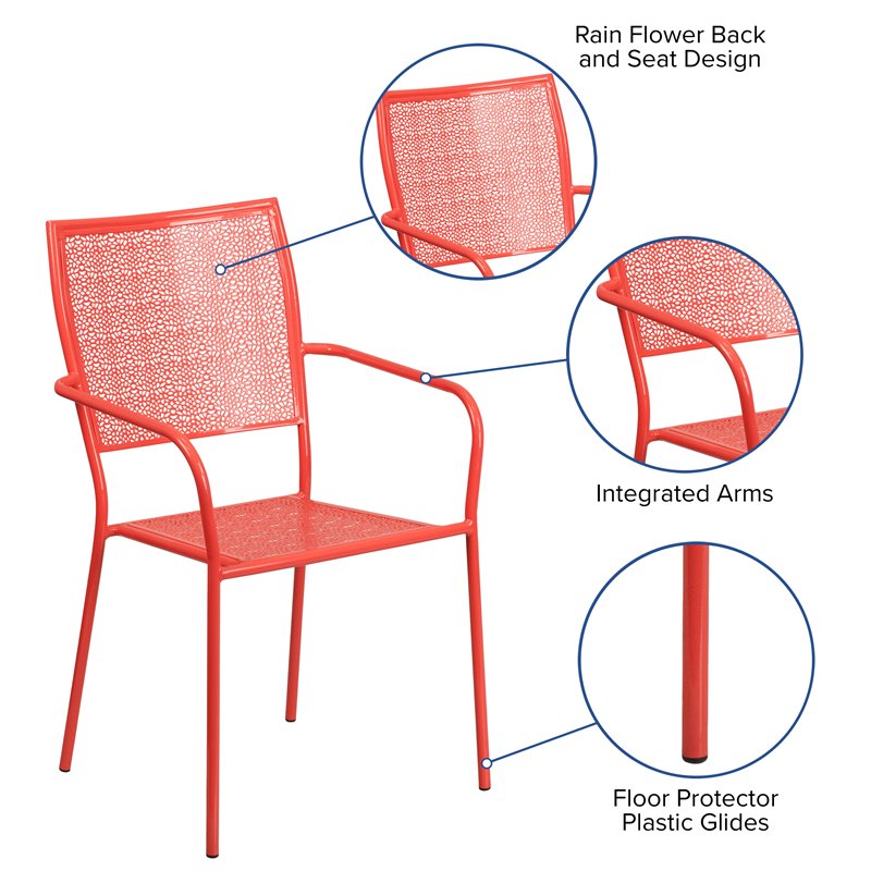 Flash Furniture Stackable Steel Square Back Patio Dining Side Chair in Coral
