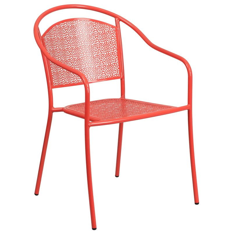 Flash Furniture Stackable Steel Round Back Patio Dining Side Chair in Coral Red