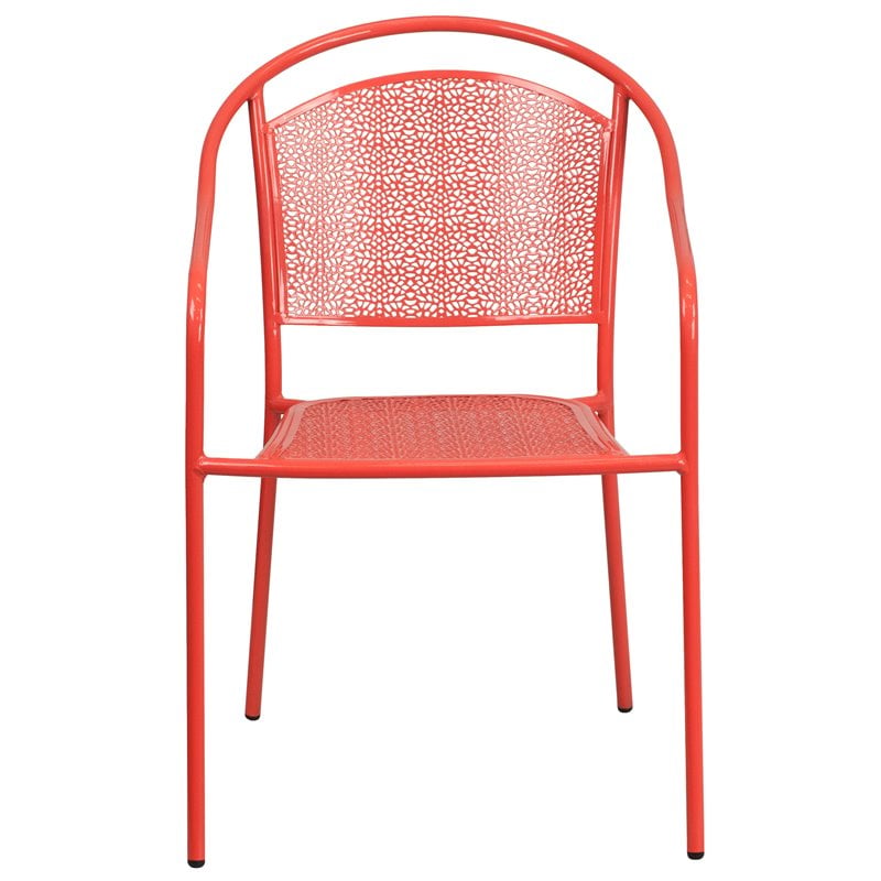 Flash Furniture Stackable Steel Round Back Patio Dining Side Chair in Coral Red