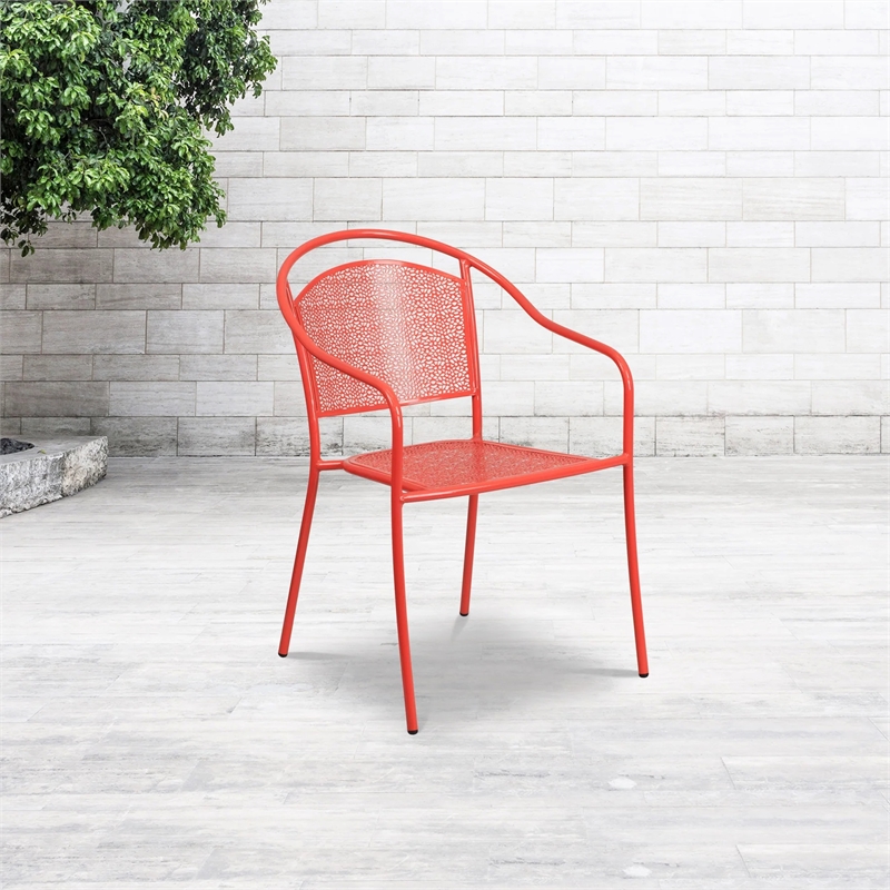 Flash Furniture Stackable Steel Round Back Patio Dining Side Chair in Coral Red