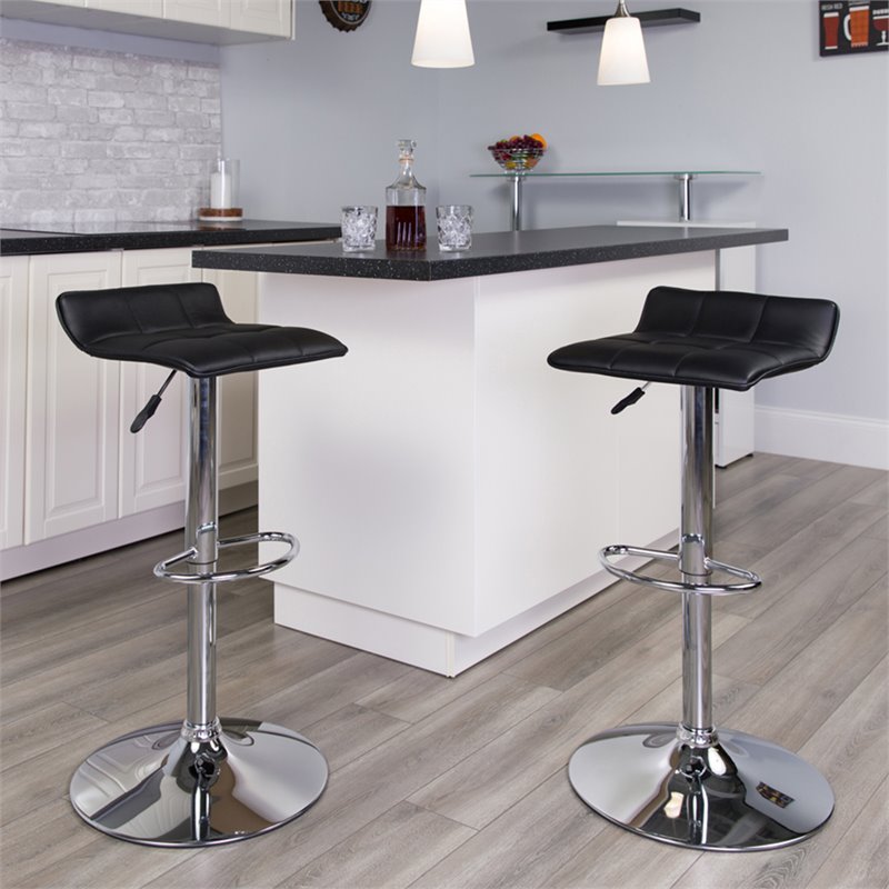 Flash Furniture Faux Leather Adjustable Quilted Wave Seat Bar Stool in Black