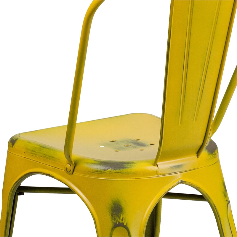 Flash Furniture Metal Curved Slat Back Dining Side Chair in Distressed Yellow