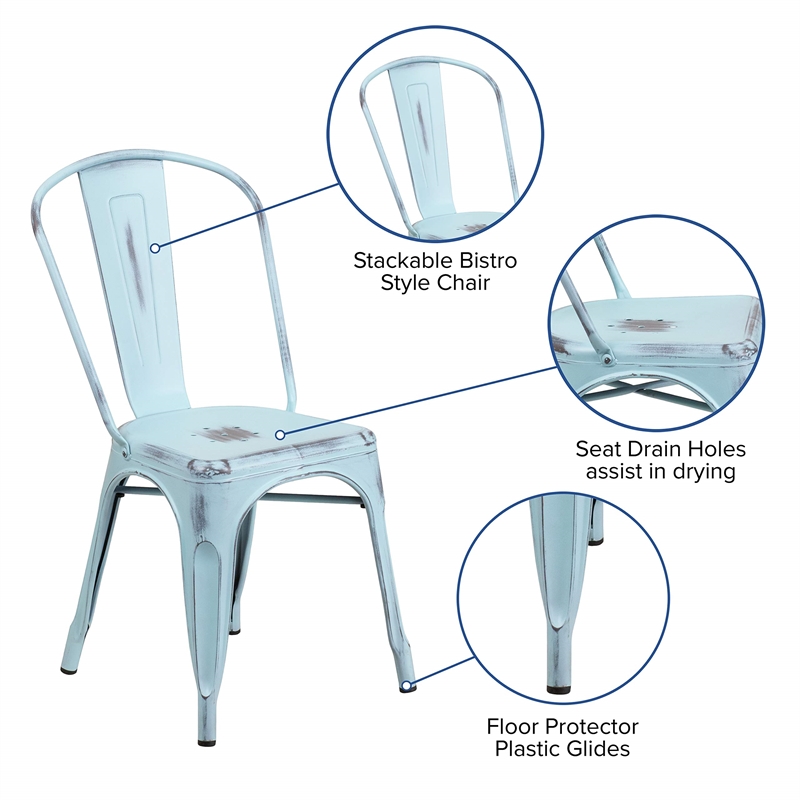 Flash Furniture Metal Curved Slat Back Dining Side Chair in Green Blue