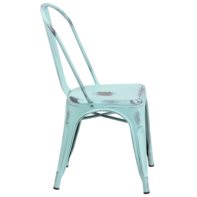 Flash Furniture Metal Curved Slat Back Dining Side Chair in Green Blue