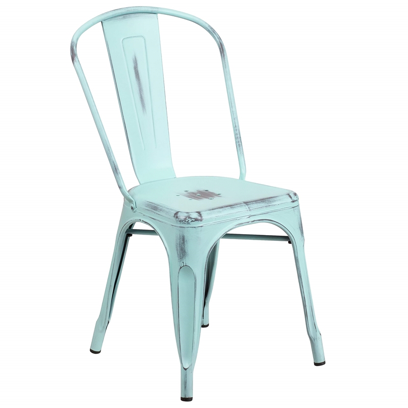 Flash Furniture Metal Curved Slat Back Dining Side Chair in Green Blue