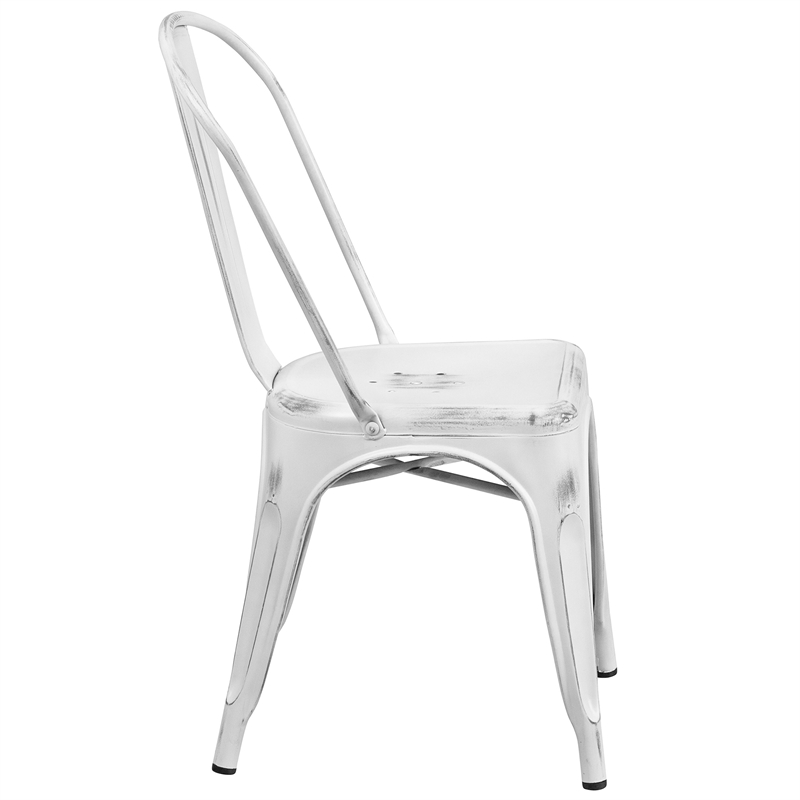 Flash Furniture Metal Curved Slat Back Dining Side Chair in Distressed White