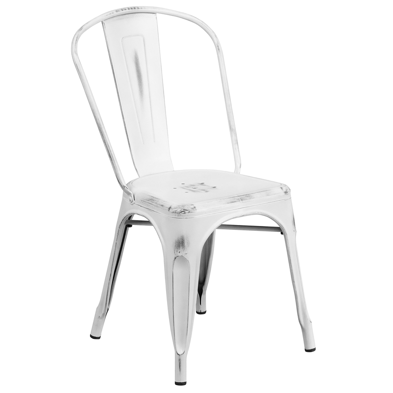 Flash Furniture Metal Curved Slat Back Dining Side Chair in Distressed White
