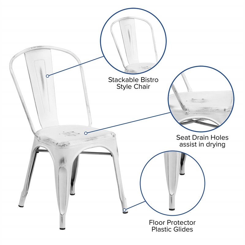 Flash Furniture Metal Curved Slat Back Dining Side Chair in Distressed White