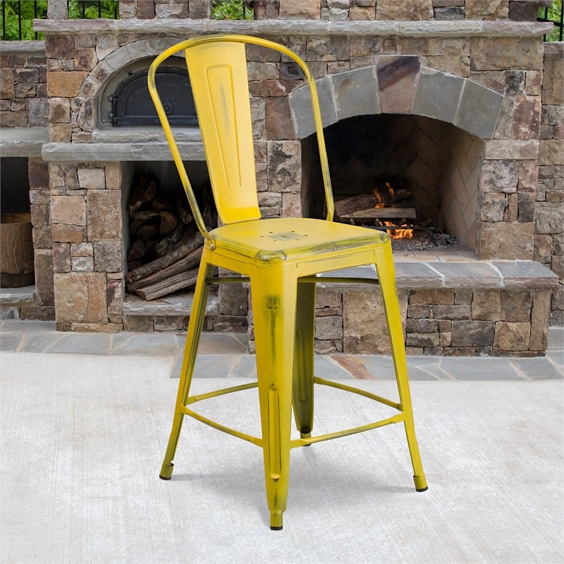 flash furniture 24&quot metal curved slat back counter stool in distressed yellow
