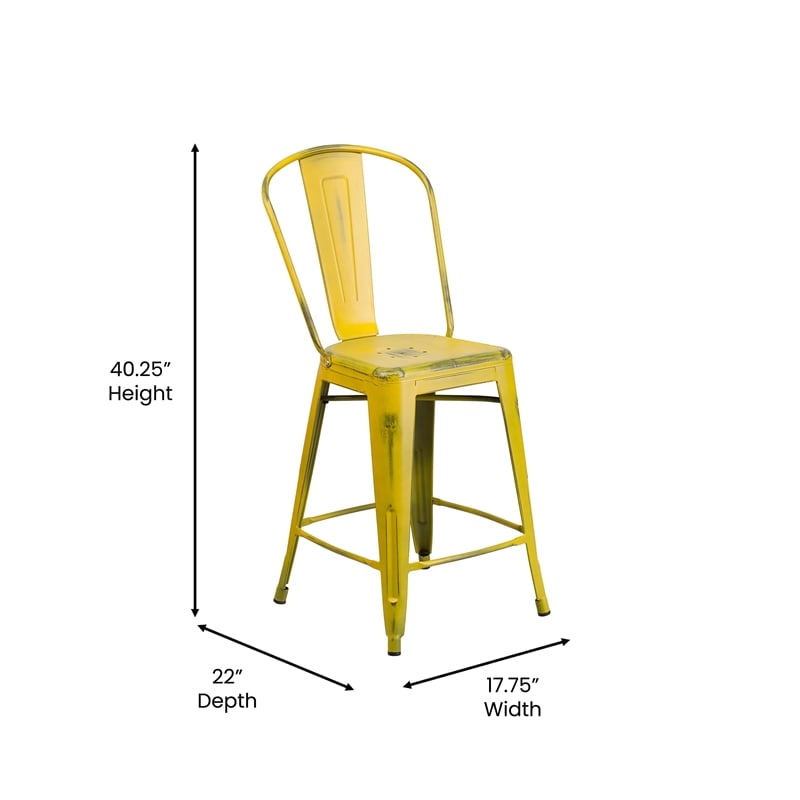 flash furniture 24&quot metal curved slat back counter stool in distressed yellow