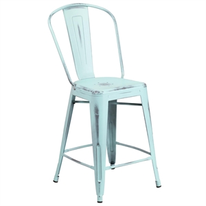 Flash Furniture 24&quot Metal Curved Slat Back Counter Stool in Green Blue