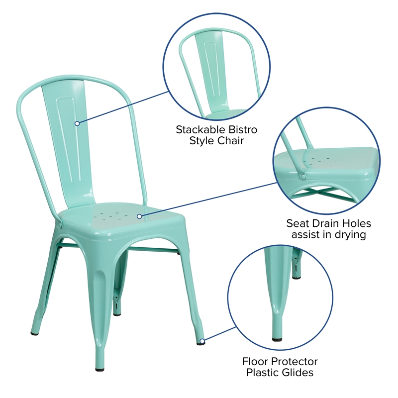 Flash Furniture Metal Curved Slat Back Dining Side Chair in Mint Green