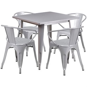 flash furniture contemporary industrial metal dining set in silver with curved low back chairs
