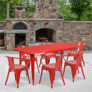 Flash Furniture 7 Piece 31.5&quot x 63&quot Metal Dining Set in Red