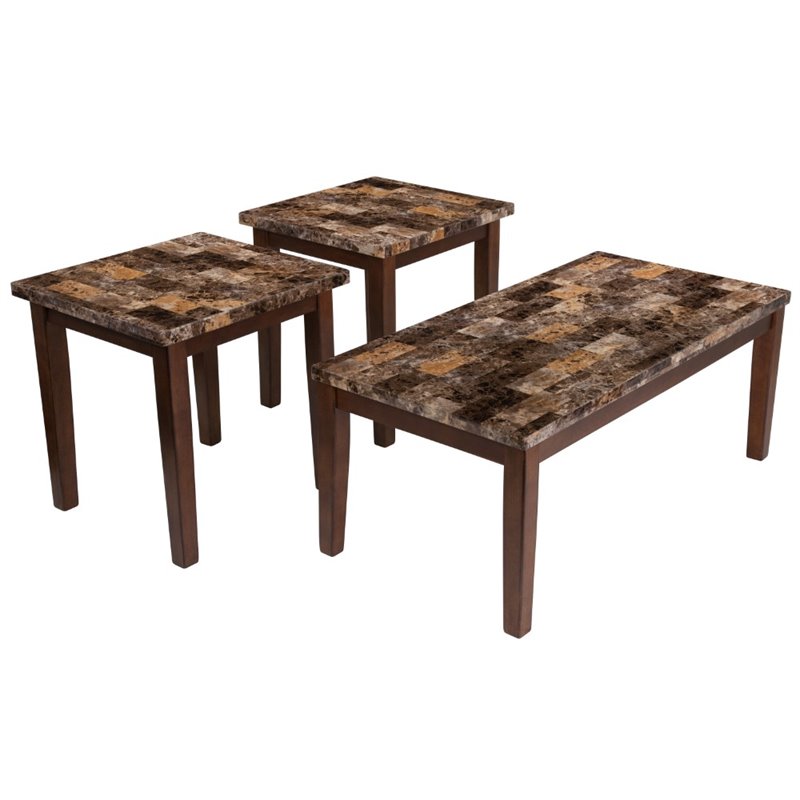 3 Piece Faux Marble Top Coffee Table Set In Warm Brown