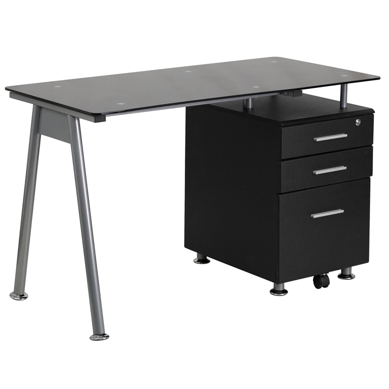 Flash Furniture 3 Drawer Glass Top Home Office Desk in Black