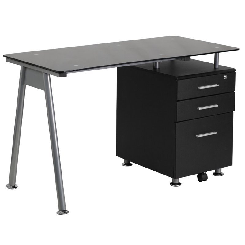 3 Drawer Glass Top Home Office Desk In Black