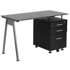 flash furniture 3 drawer glass top home office desk in black