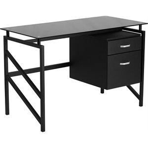 flash furniture 2 drawer glass top home office desk in black