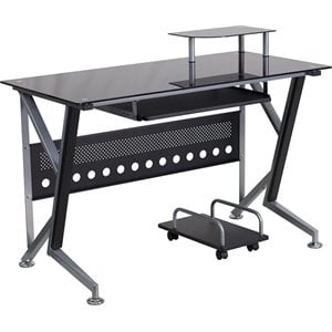 flash furniture glass top computer desk with cpu cart in black