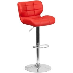 Tufted Faux Leather Adjustable Bar Stool in Red