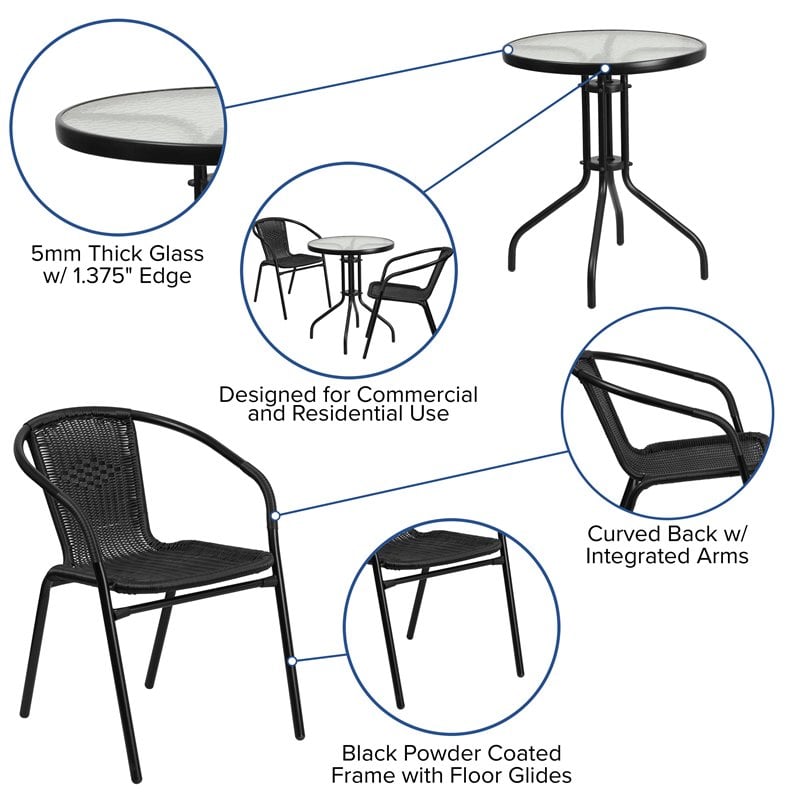 Flash Furniture 3 Piece Round Patio Bistro Set in Black