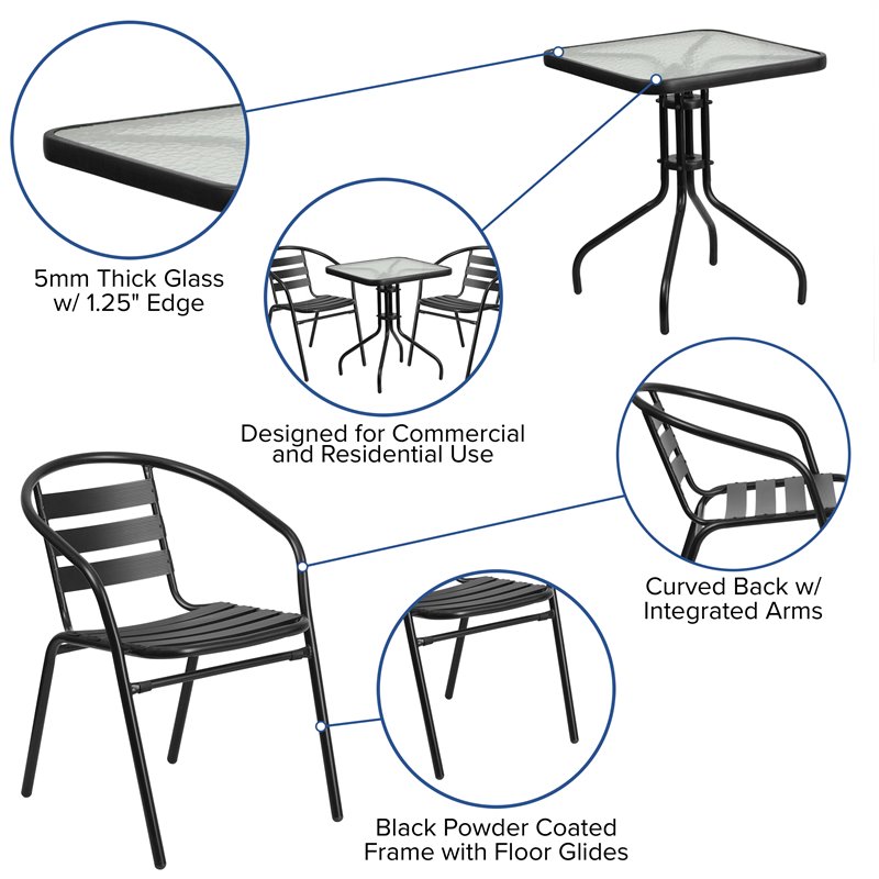Flash Furniture 3 Piece Square Patio Bistro Set in Black