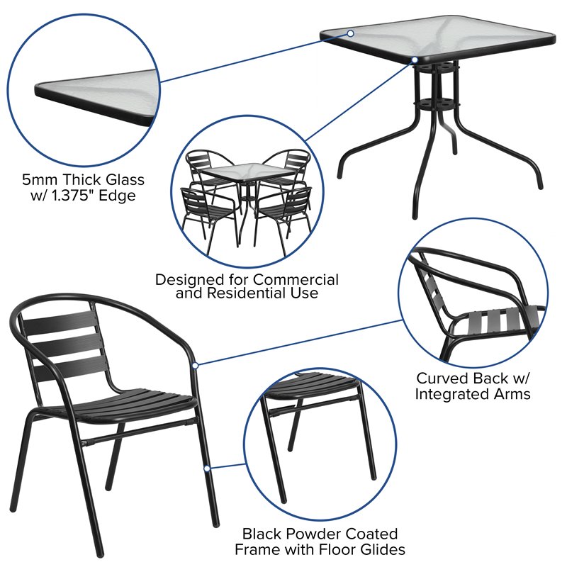 Flash Furniture 5 Piece Square Patio Dining Set in Black